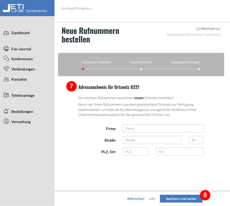Rufnummern bestellen: Adressnachweis
