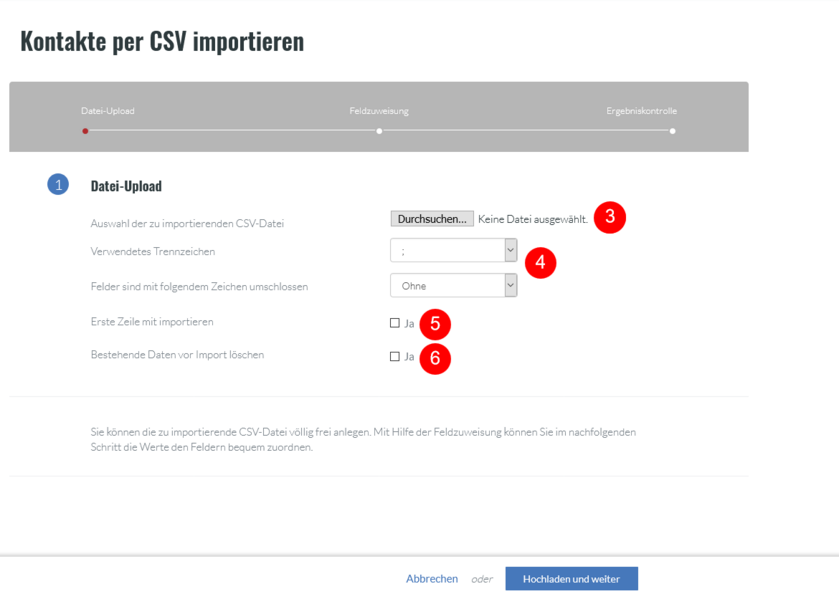 Einstellungen des CSV imports