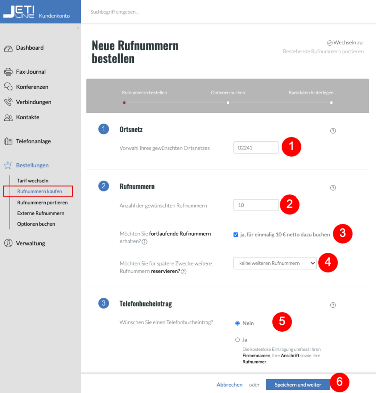 JETI Kundenkonto Neue Rufnummer bestellen